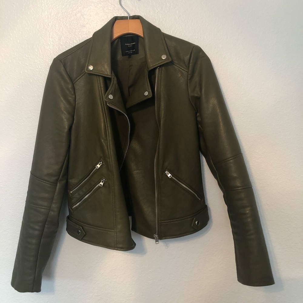 Zara Moto Leather Jacket - Olive Green, M